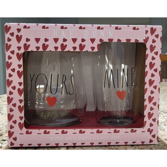NEW Rae Dunn Artisan Valentine's Day Collection - YOURS MINE Glasses - Picture 1 of 12